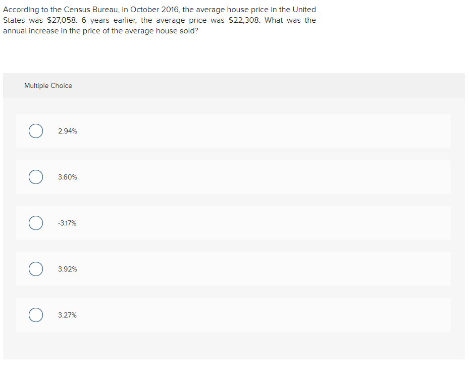  According to the Census Bureau, in October 2016, the average house