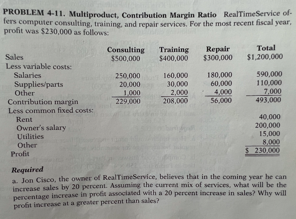  Please do in excel. Thanks PROBLEM 4-11. Multiproduct, Contribution Margin Ratio