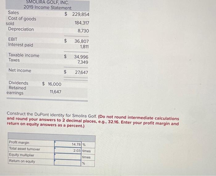 DuPont identity for Smolira Golf. (Do not round intermediate calculations and round