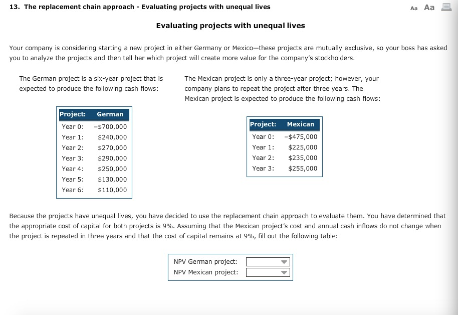 13. The replacement chain approach Evaluating projects with unequal lives Aa
