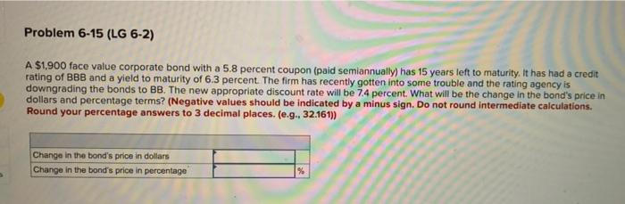  Problem 6-15 (LG 6-2) A $1,900 face value corporate bond with