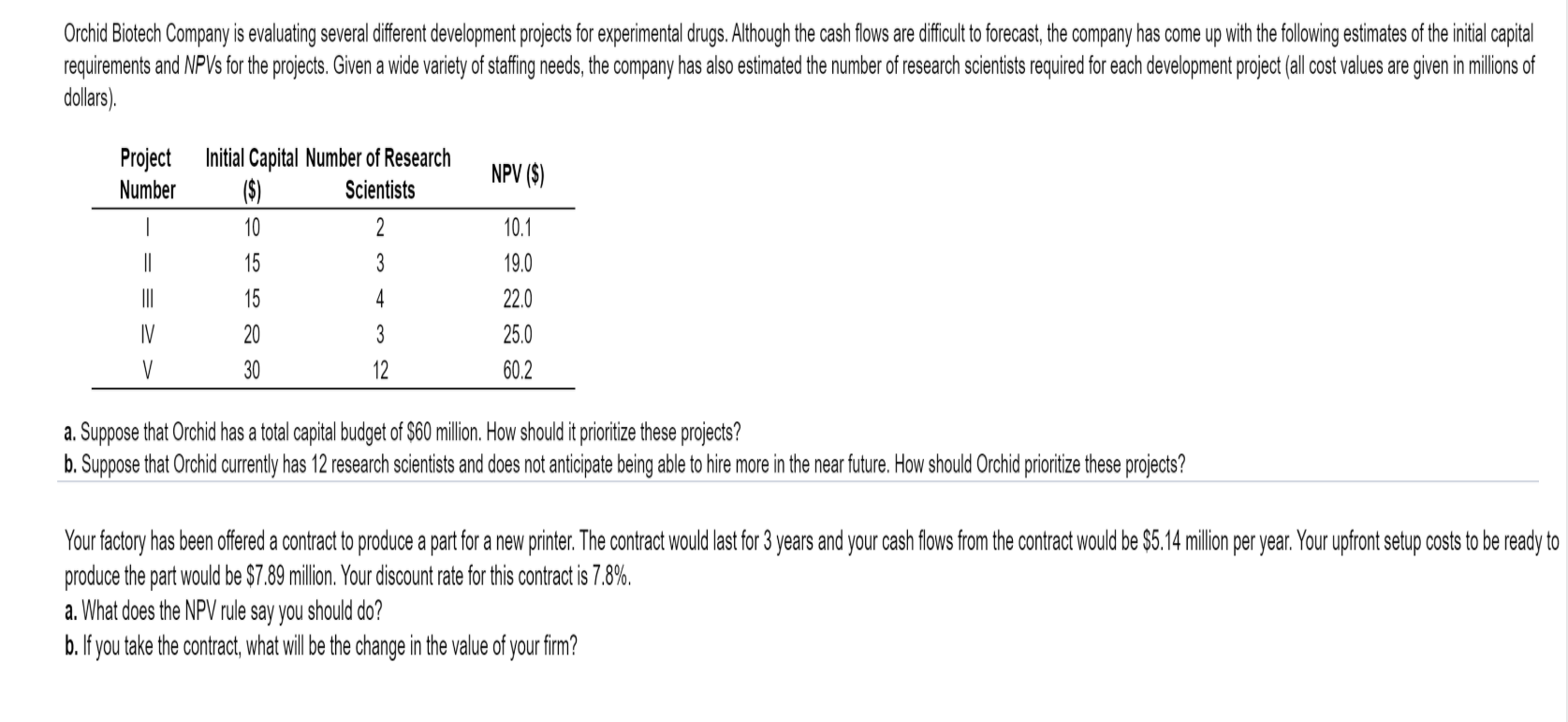  Orchid Biotech Company is evaluating several different development projects for experimental