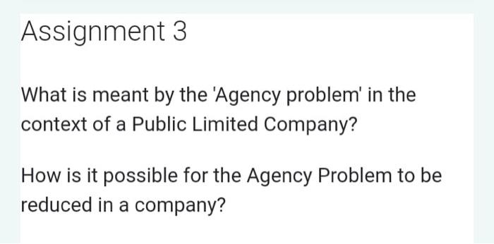 the wealth of shareholders. Assignment 3 What is meant by the 'Agency