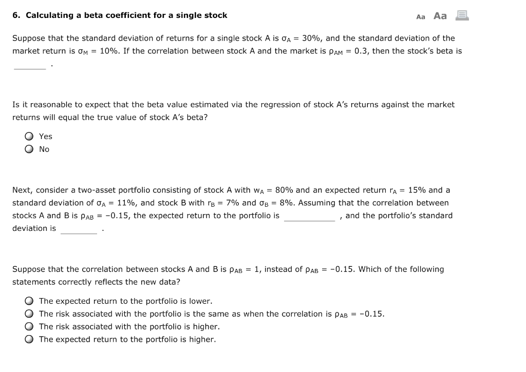 6. Calculating a beta coefficient for a single stock Aa Aa