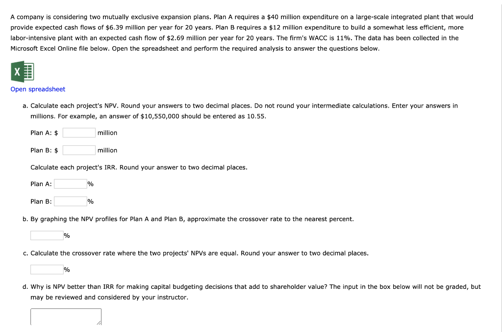 A company is considering two mutually exclusive expansion plans. Plan A