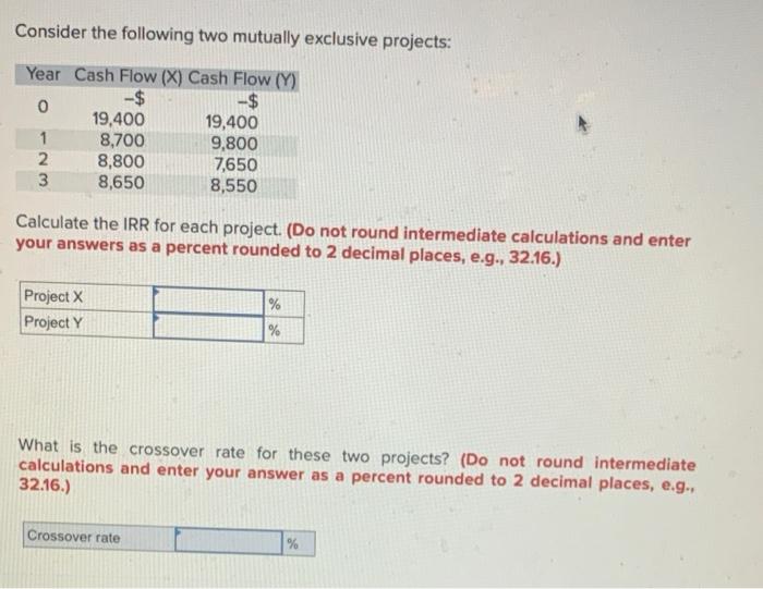  Consider the following two mutually exclusive projects: Year Cash Flow (X)