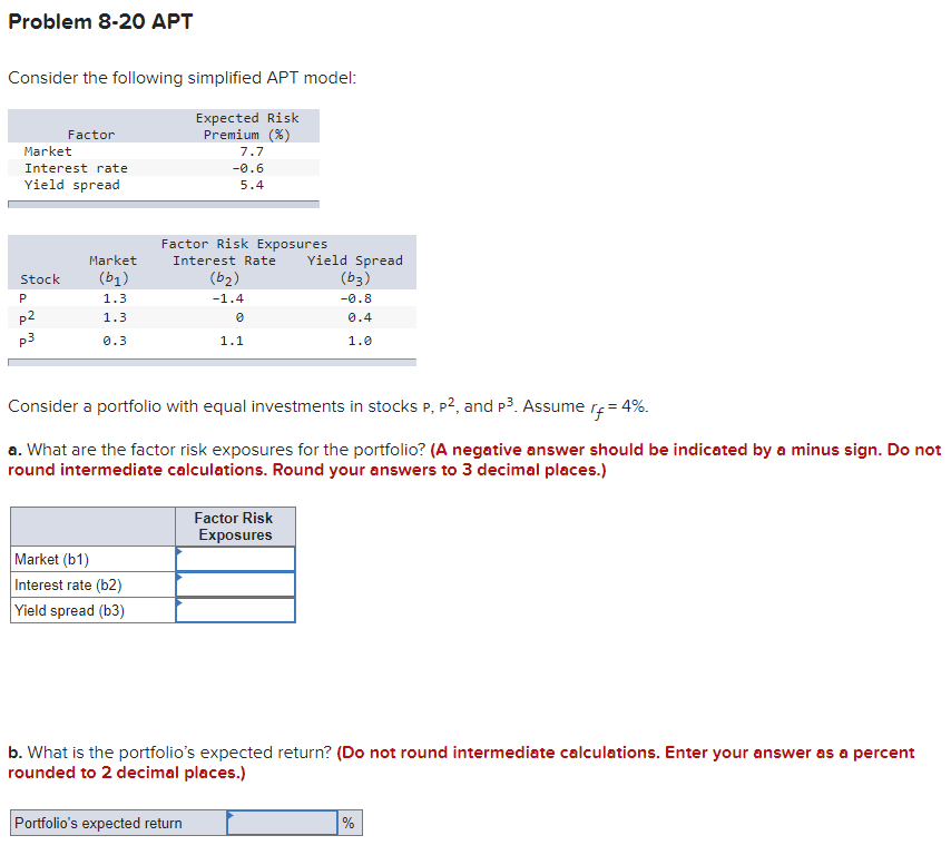Problem 8-20 APT Consider the following simplified APT model: Factor Market