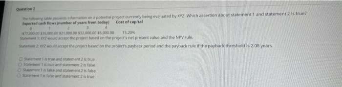  Question Hormation on a potential project currently being evaluated by XYZ.