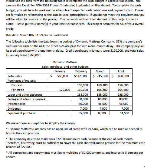 budget in Excel spreadsheets. You can use the Excel file (FINA 3562