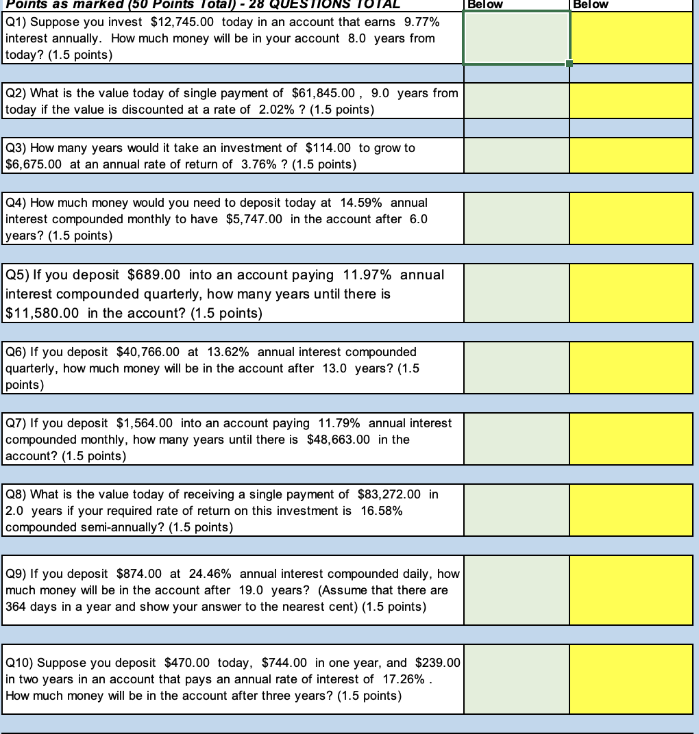 Below Below Points as marked (50 Points Total) - 28 QUESTIONS