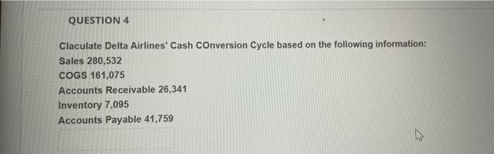  QUESTION 4 Claculate Delta Airlines' Cash Conversion Cycle based on the