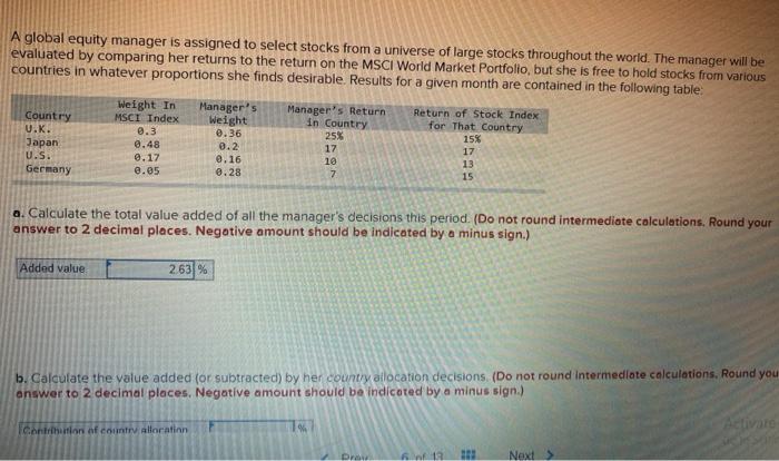  A global equity manager is assigned to select stocks from a
