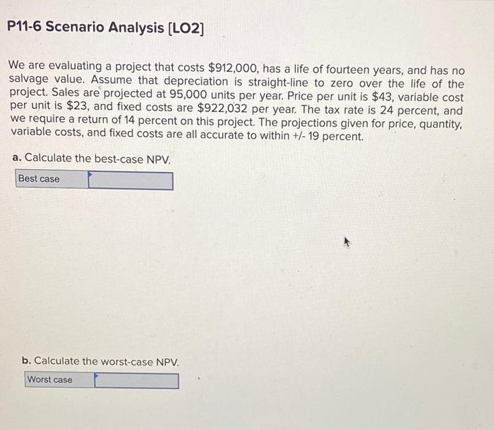  P11-6 Scenario Analysis [LO2] We are evaluating a project that costs