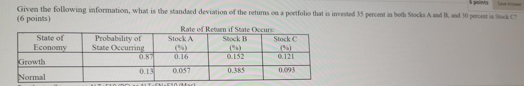  Save Answer 6 points Given the following information, what is the