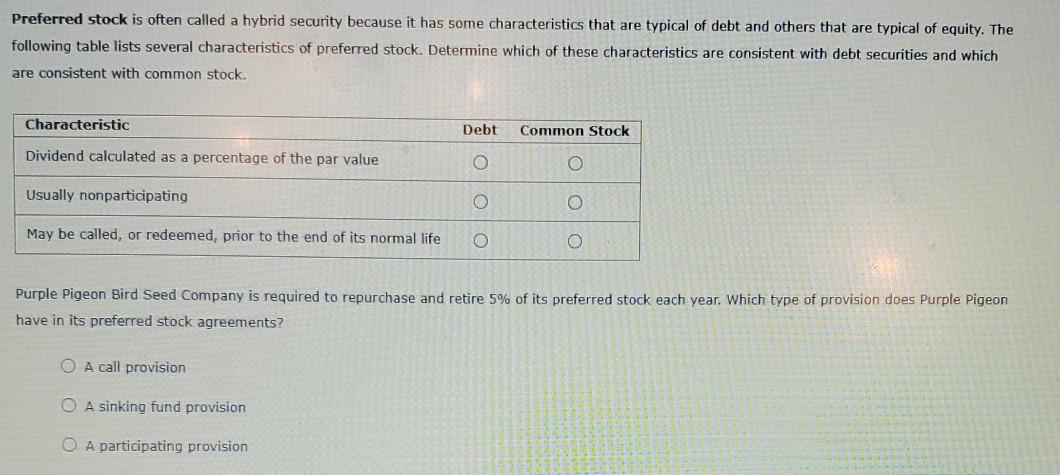  Preferred stock is often called a hybrid security because it has