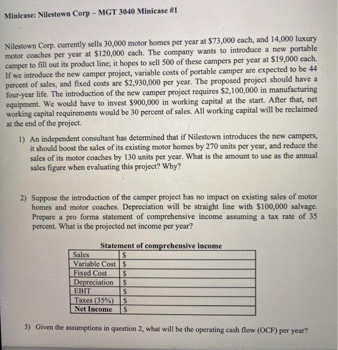 - MGT 3040 Minicase #1 Nilestown Corp. currently sells 30,000 motor homes