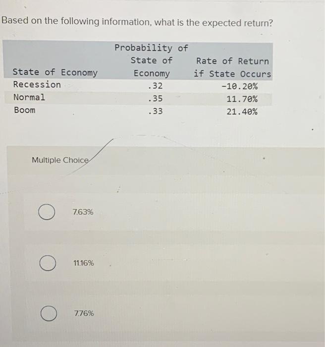  Based on the following information, what is the expected return? 7.63%