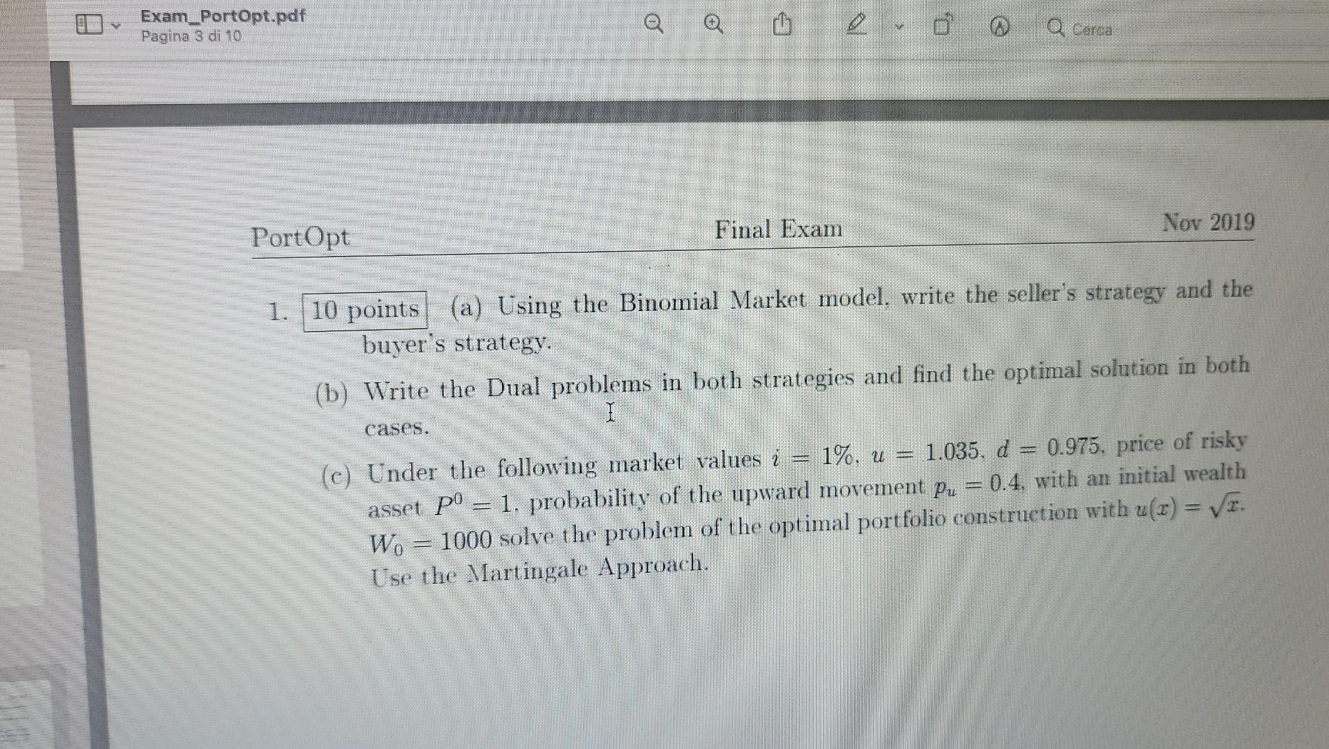  1. 10 points (a) Using the Binomial Market model, write the