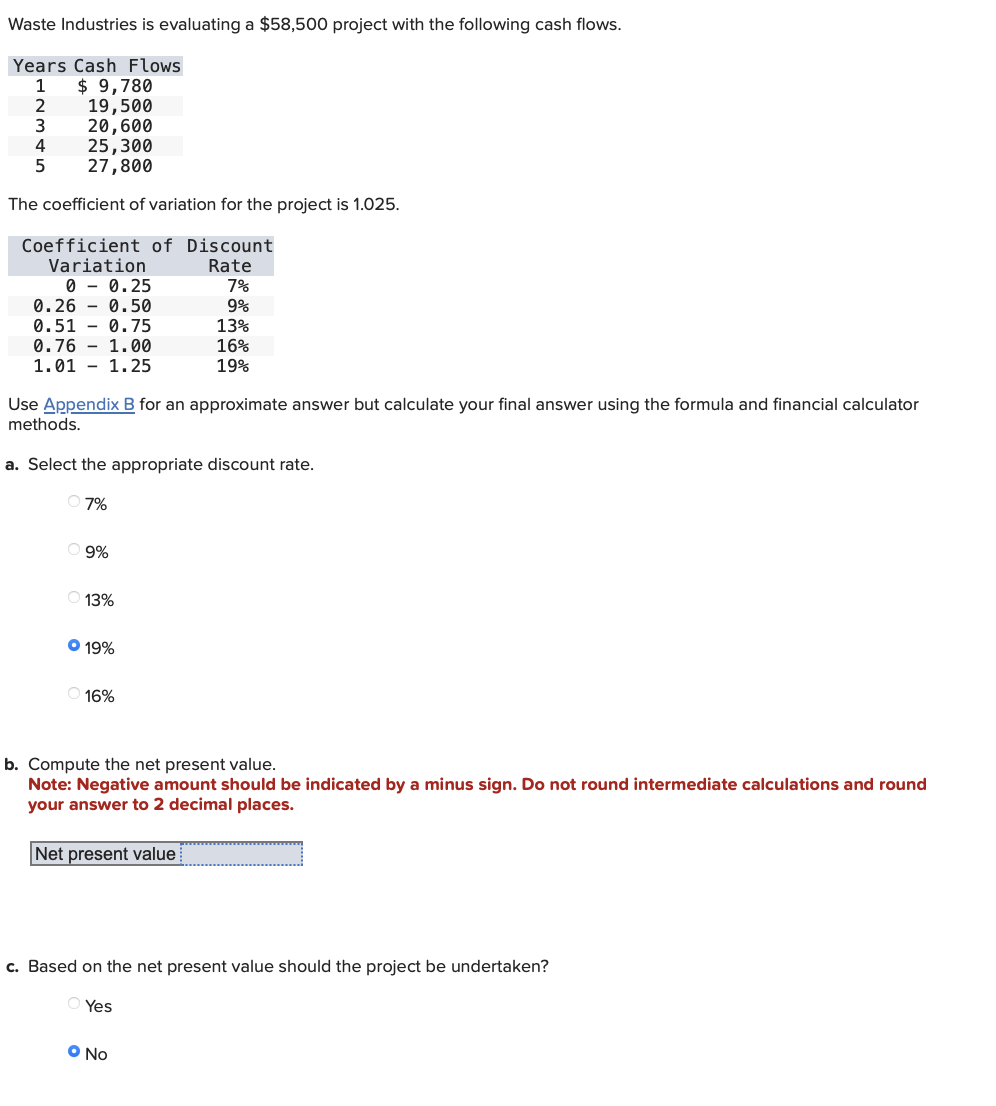  Waste Industries is evaluating a \\( \\$ 58,500 \\) project with