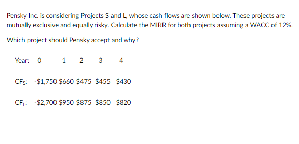 Pensky Inc. is considering Projects S and L, whose cash flows