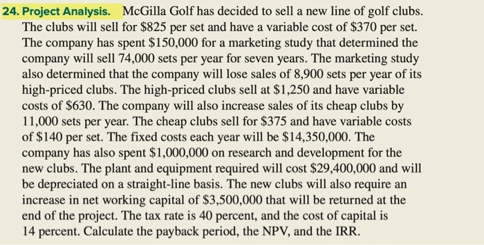  24. Project Analysis. McGilla Golf has decided to sell a new