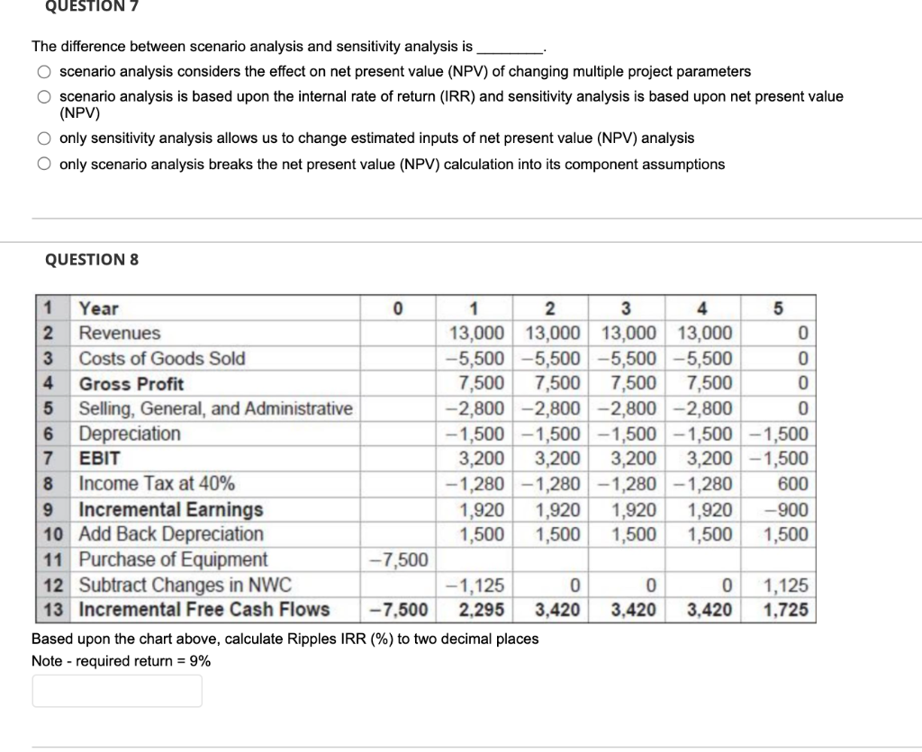  QUESTION 7 The difference between scenario analysis and sensitivity analysis is