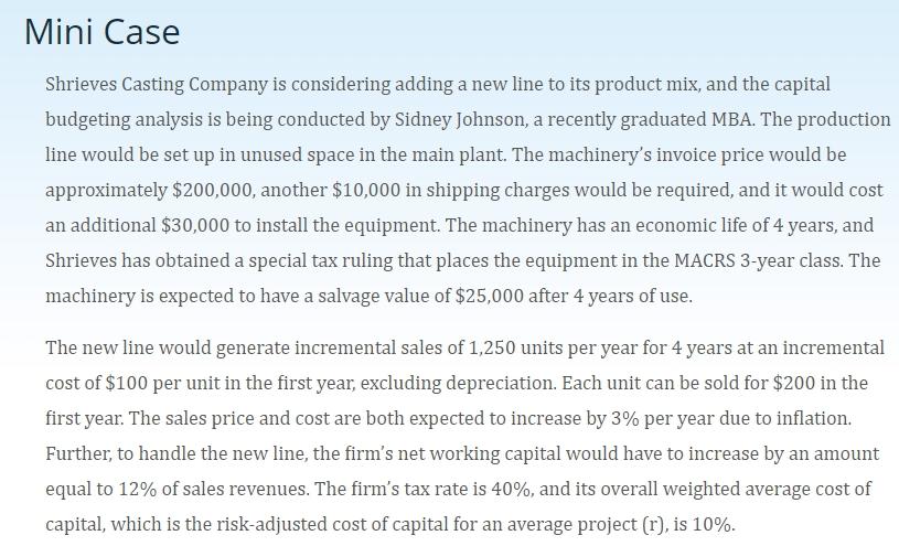 Please solve from D to H. Mini Case Shrieves Casting Company is