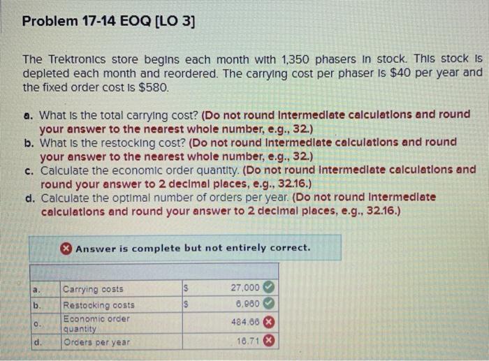  Problem 17-14 EOQ [LO 3] [] The Trektronics store begins each