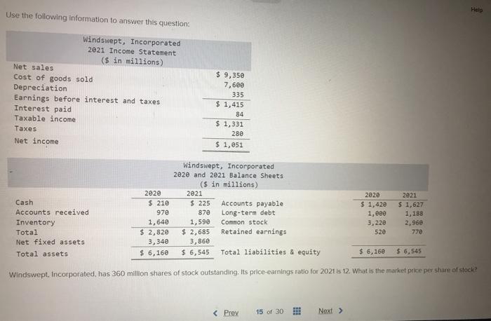  Help Use the following information to answer this question: Windswept, Incorporated