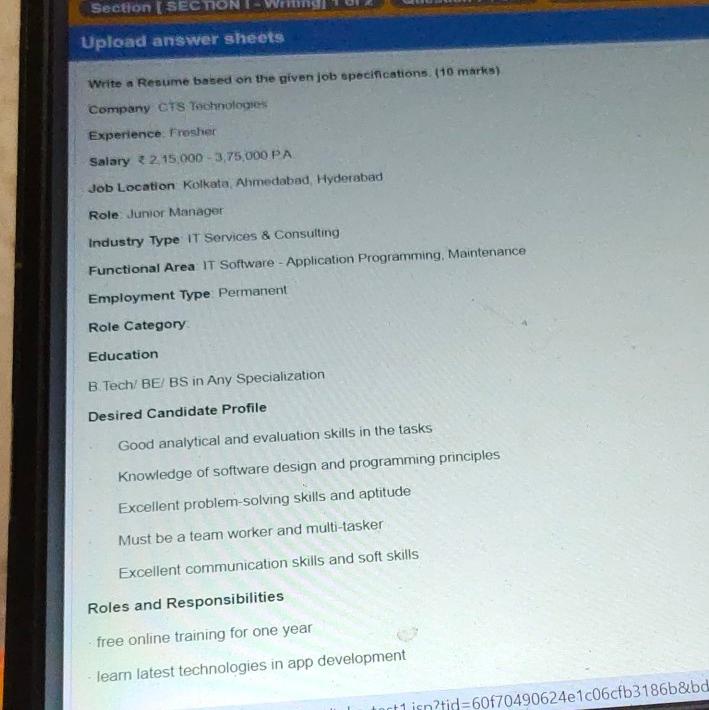  Section (SEC NON Upload answer sheets Write a Resume based on