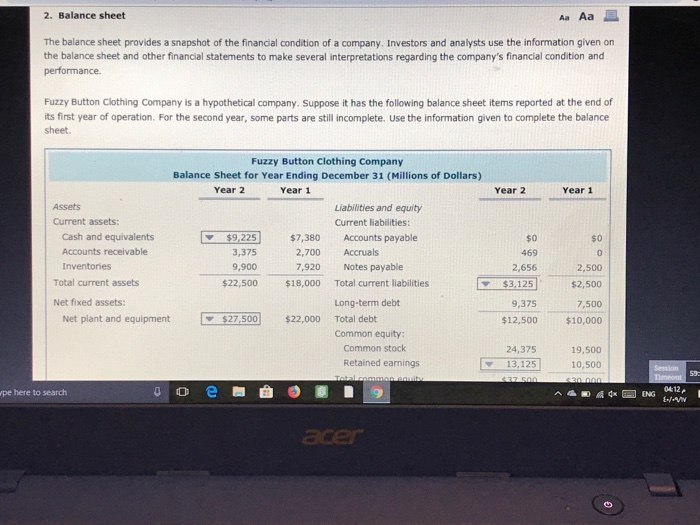  please answer all the statement questions 2. Balance sheet Aa Aa