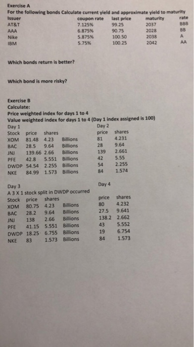  Exercise A For the following bonds Calculate current yield and approximate