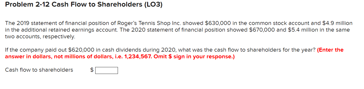  Problem 2-12 Cash Flow to Shareholders (LO3) The 2019 statement of