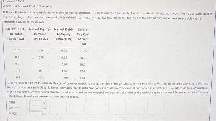 please help, I will upvote WACC and Optimal Capital Structure F. Pierce