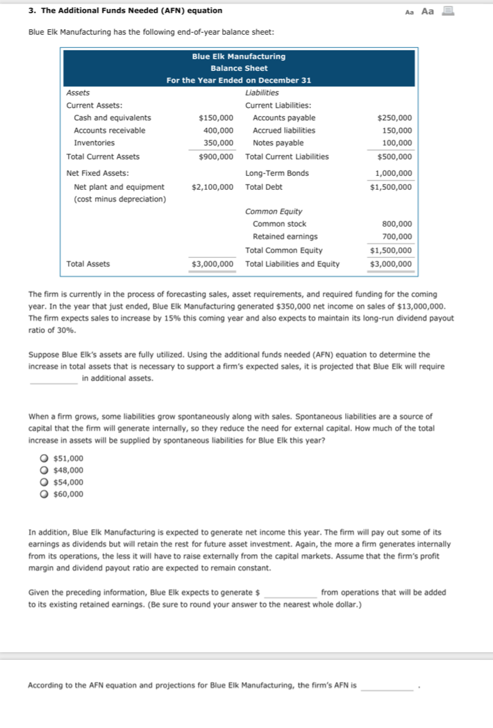  3. The Additional Funds Needed (AFN) equation Aa Aa Blue Elk