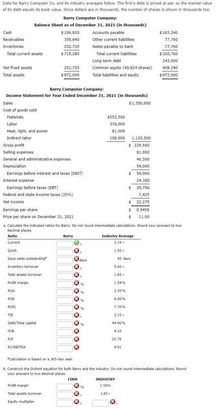 Data for Barry Computer Co. and its industry averages follow. The