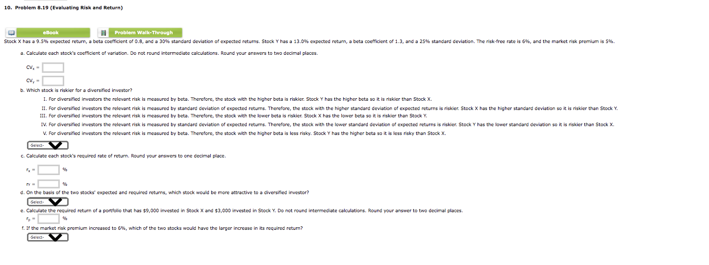 10. Problem 8.19 (Evaluating Risk and Return) eBook Problem Walk-Through Stock