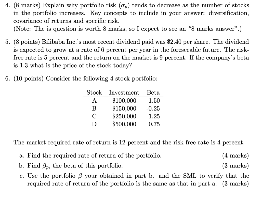 4. (8 marks) Explain why portfolio risk (Op) tends to decrease