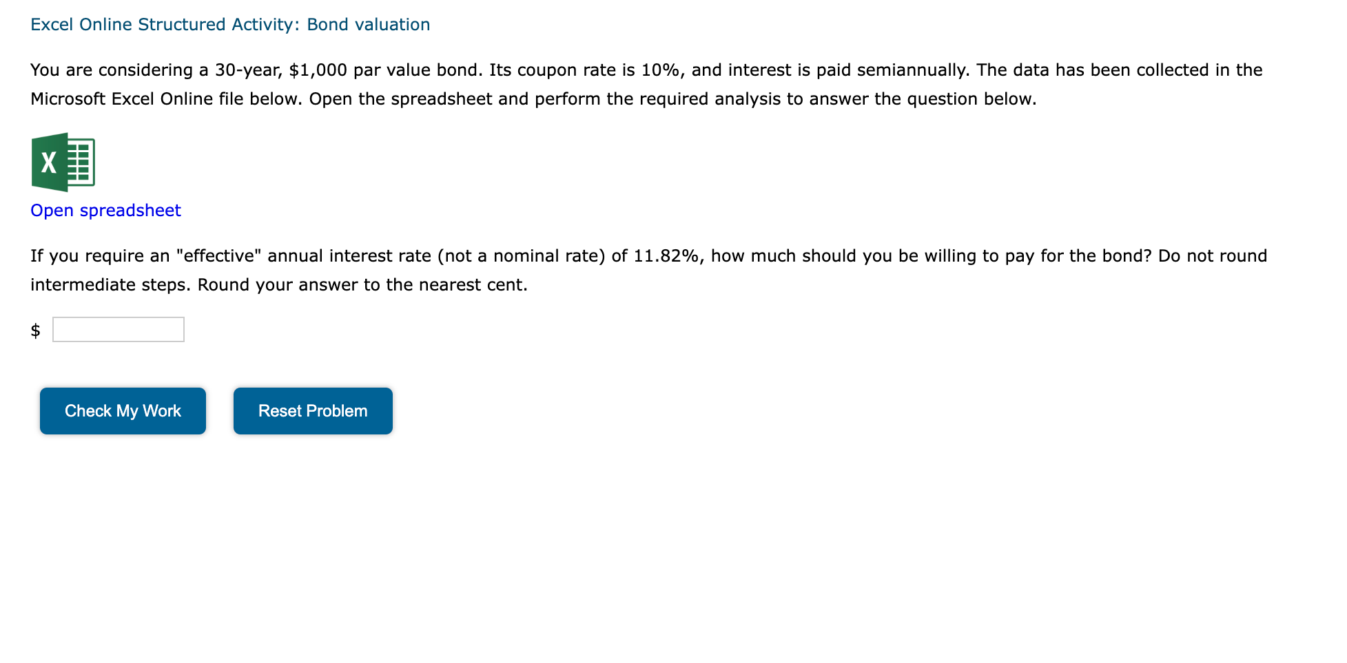 Excel Online Structured Activity: Bond valuation You are considering a 30-year,
