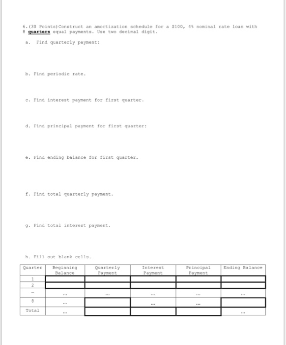  6.(30 Points) Construct an anortization schedule for a $100, 4 nominal