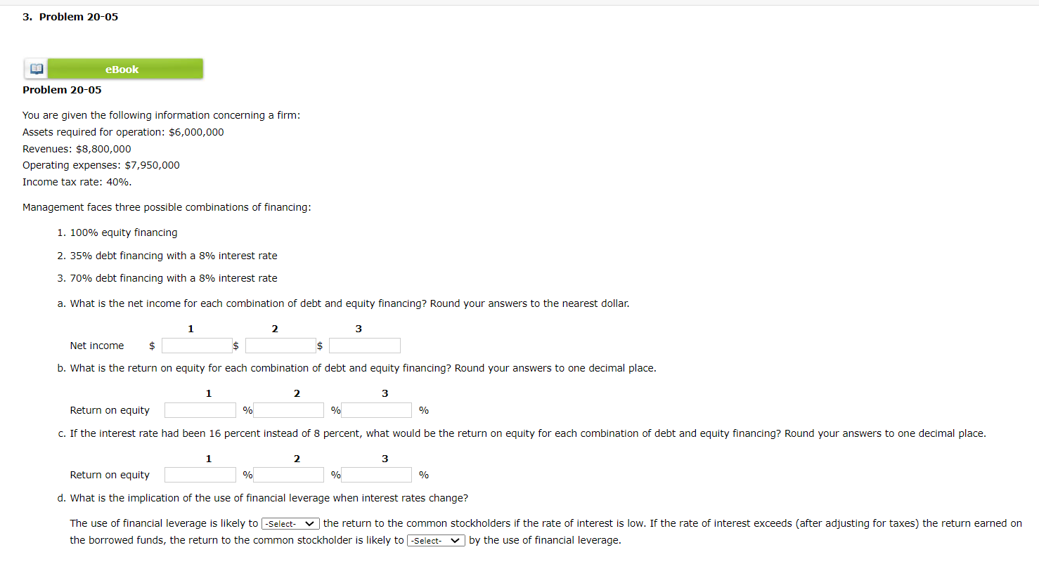  Problem 20-05 You are given the following information concerning a firm:
