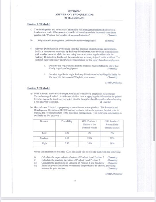  SECTION ANSWER ANY TWO QUESTIONS 20 MARKS EACH Oton (20 Marku
