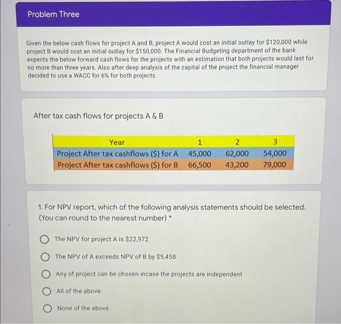  Problem Three Given the below cash flows for project A and