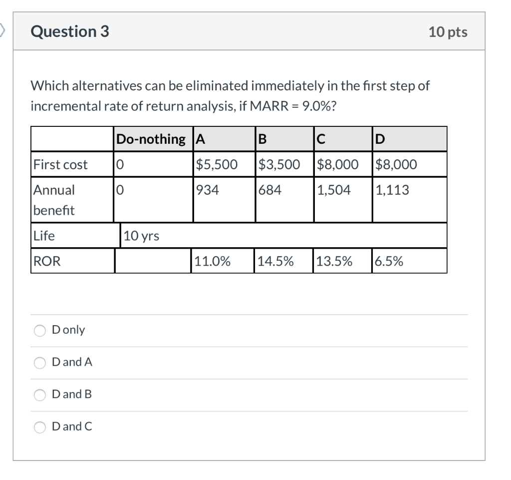 rate of return analysis, if MARR = 8.5%? Do-nothing A B C