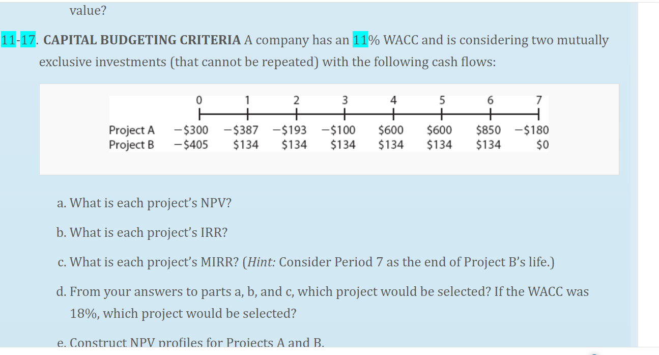 Please only help with Question 13 value? 11-17. CAPITAL BUDGETING CRITERIA A