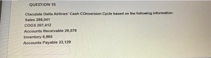  QUESTION 15 Claculate Delta Airlines' Cash COnversion Cycle based on the