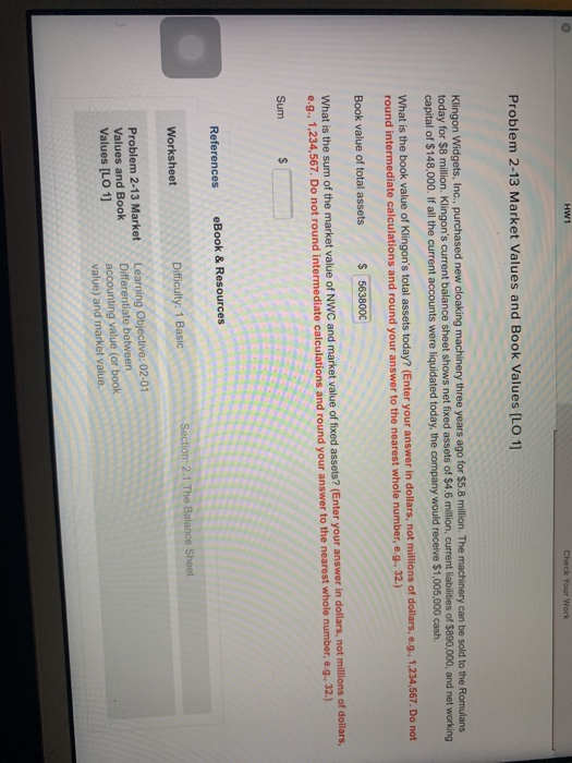  Need help with part B sum HW1 Problem 2-13 Market Values