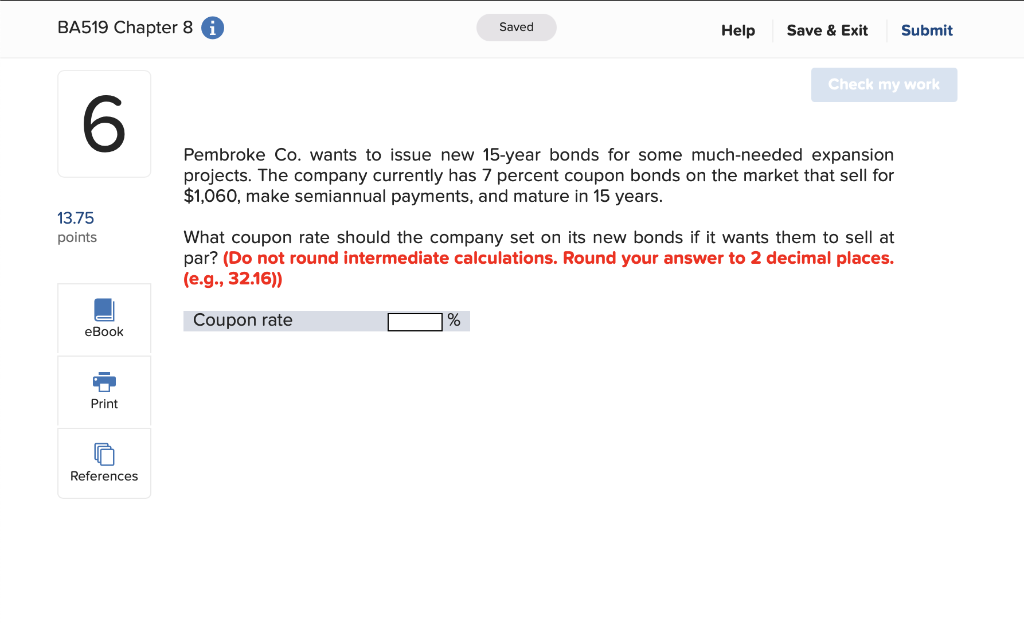 BA519 Chapter 8 i Saved Help Save & Exit Submit Check