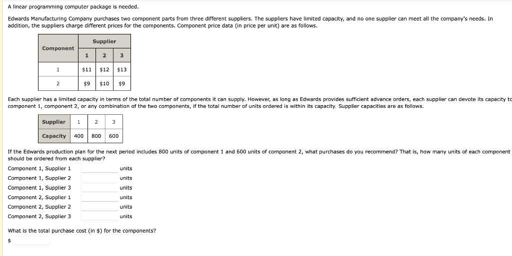  A linear programming computer package is needed. addition, the suppliers charge