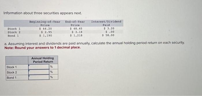  Information about three securities appears next. a. Assuming interest and dividends